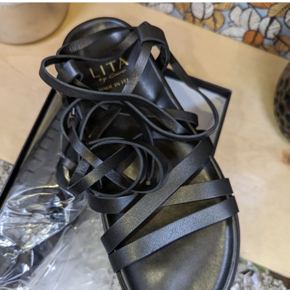 NEW *Lita By Ciara Gladiator Strap Black Leather Italian Sandals Women's Size 39